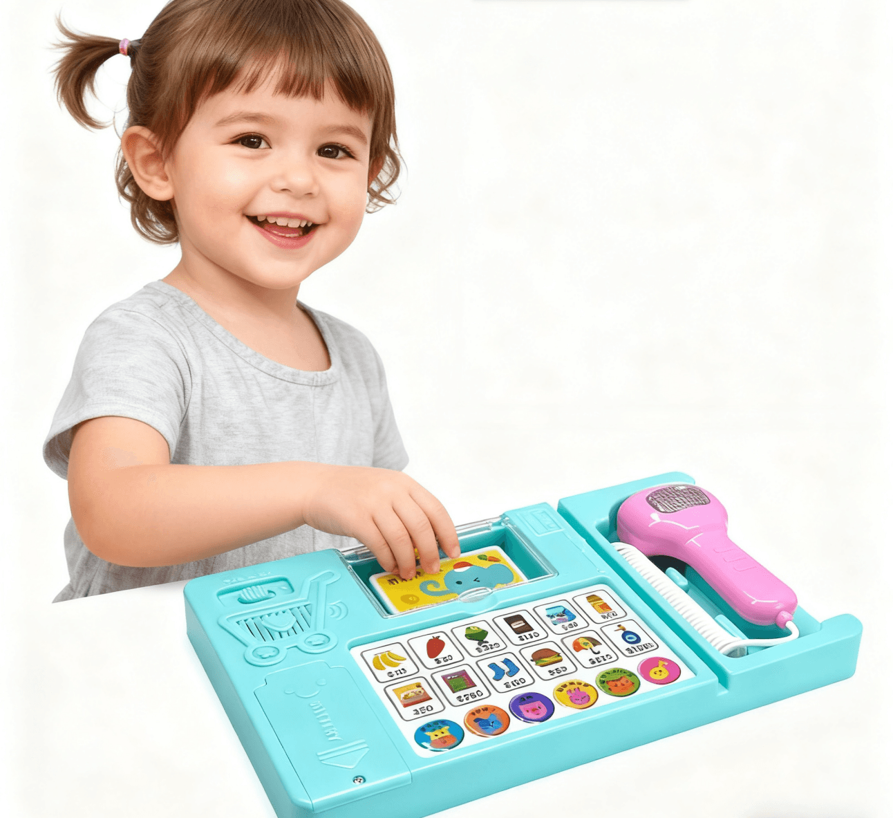 Battery-operated learning board with buttons, music and flashing light features