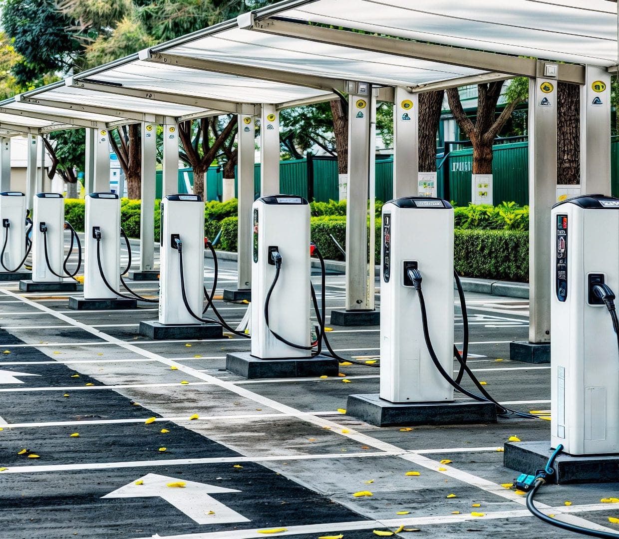 Multiple floor-mounted electric vehicle charging stations with attached cables under covered parking bays.