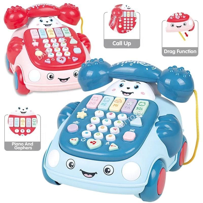 Pink and blue toy telephones with number buttons, sound and music features