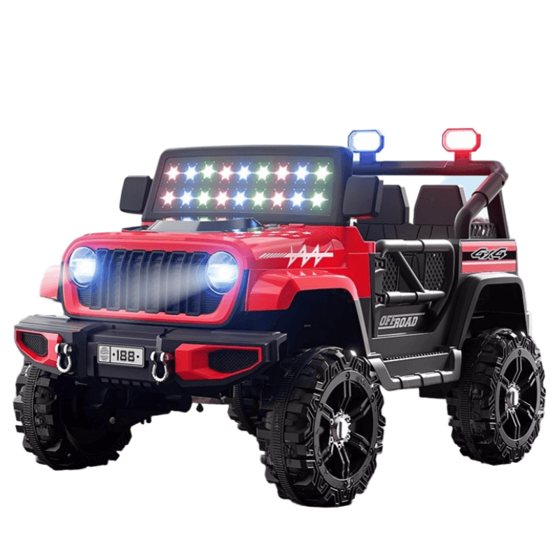 Red kids electric ride-on jeep with steering wheel, seat and large wheels