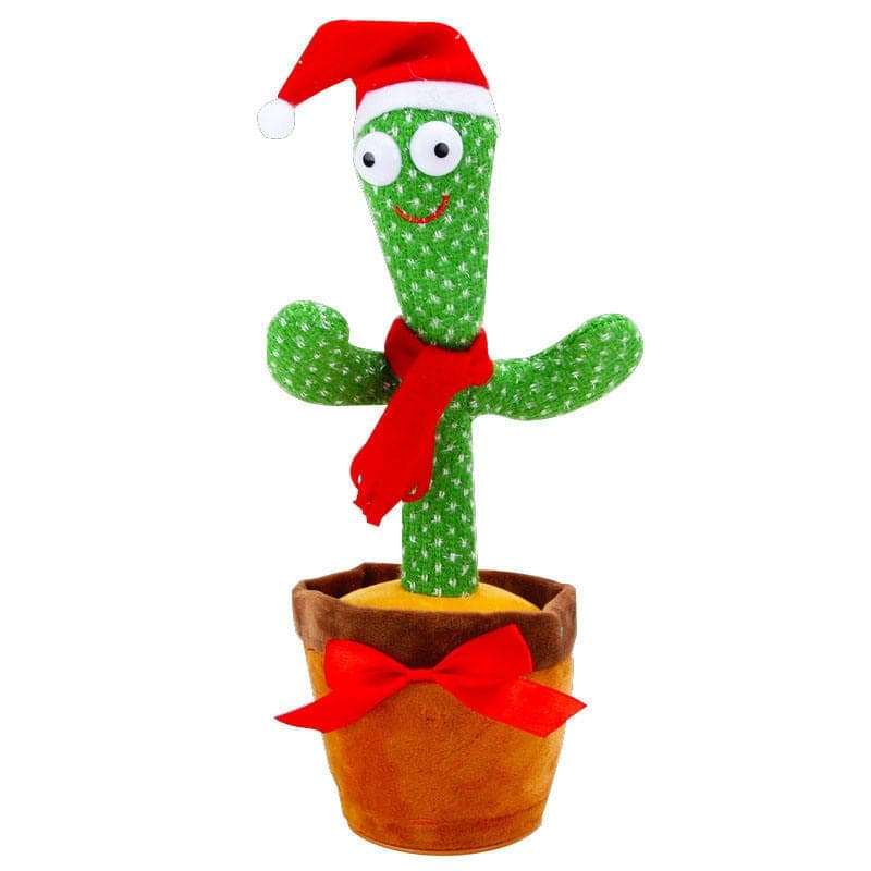 Dancing cactus soft toy in a flower pot with festive hat and scarf