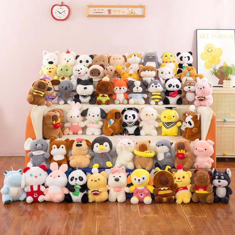 Assorted soft animal toys in different colours, sizes and character designs