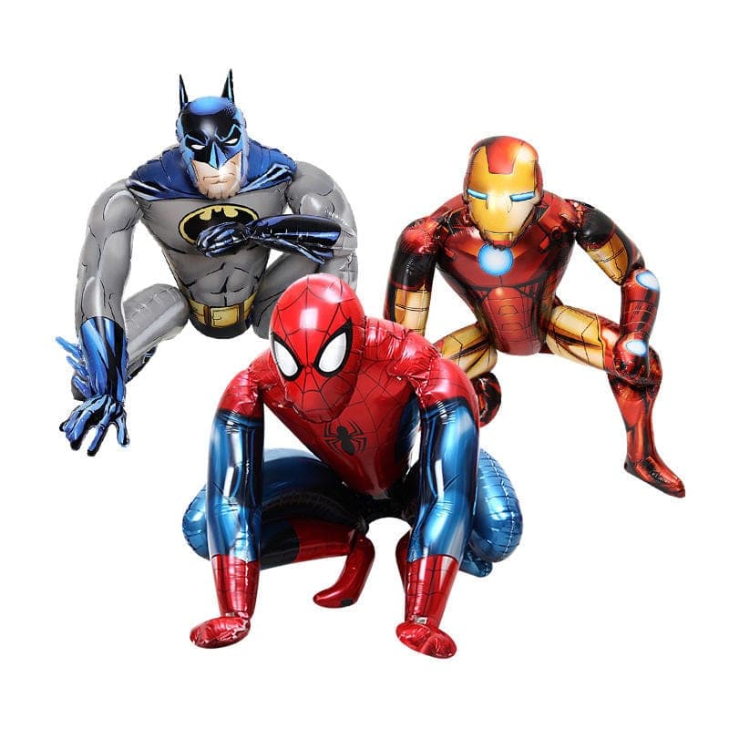 Three superhero-style action figures in colourful costumes posed together