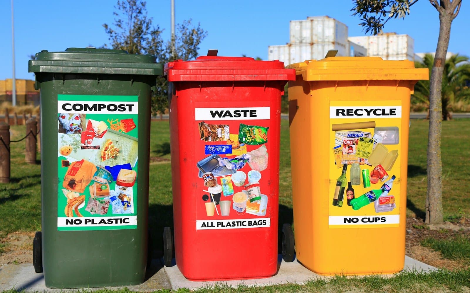 red yellow and green trash bins
