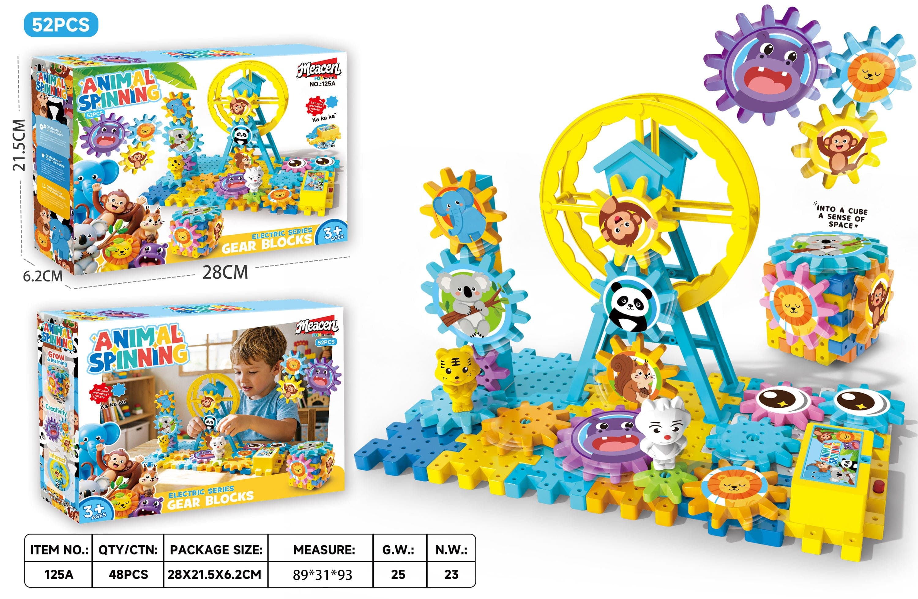 Colourful building block play set with gears, shapes and multiple construction pieces
