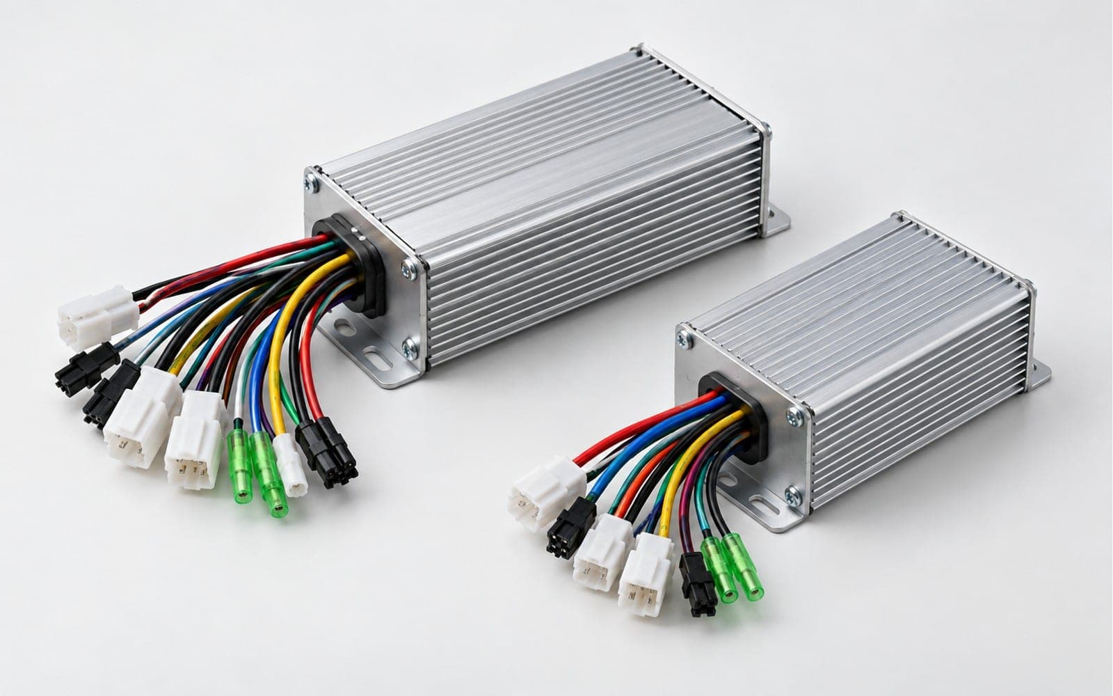AI-generated example of finned EV motor controllers with wiring harnesses and connectors.