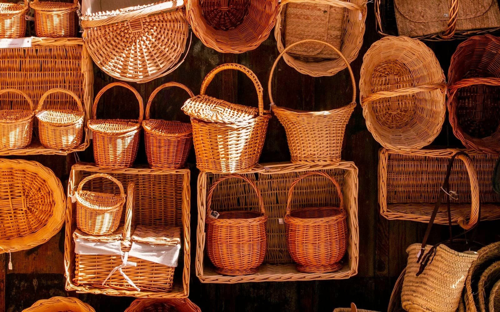 Assorted woven storage baskets in different sizes and shapes.
