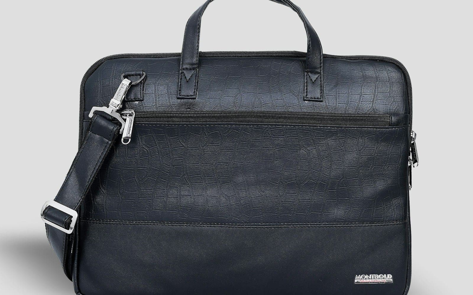 A dark blue briefcase with a shoulder strap
