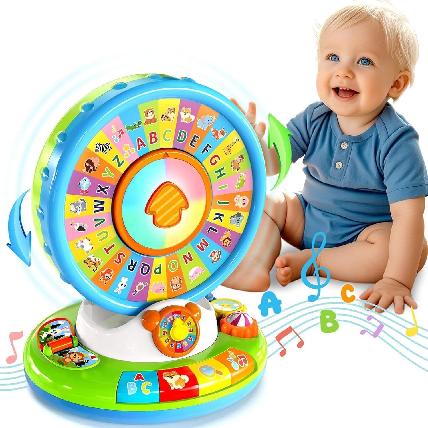 Colourful learning wheel toy with letters, numbers and activity buttons beside a young child