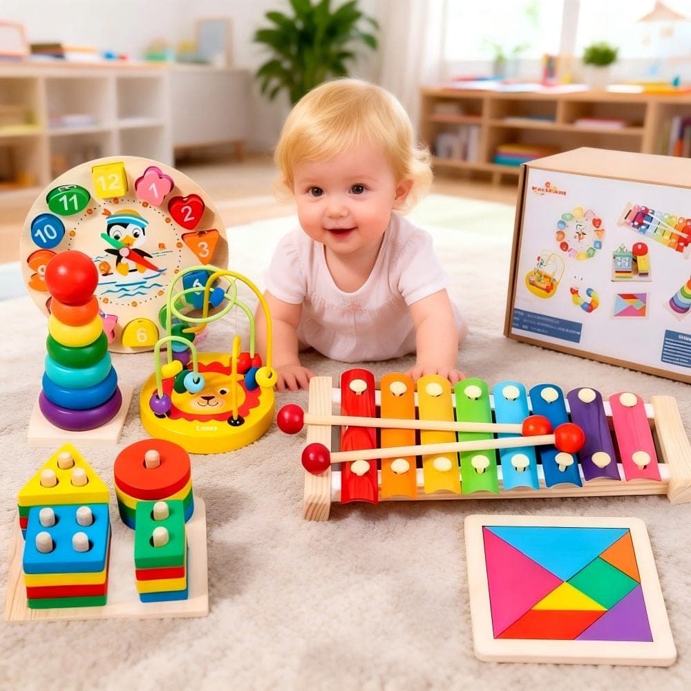 Colourful musical activity toys with buttons, lights and learning features for young children