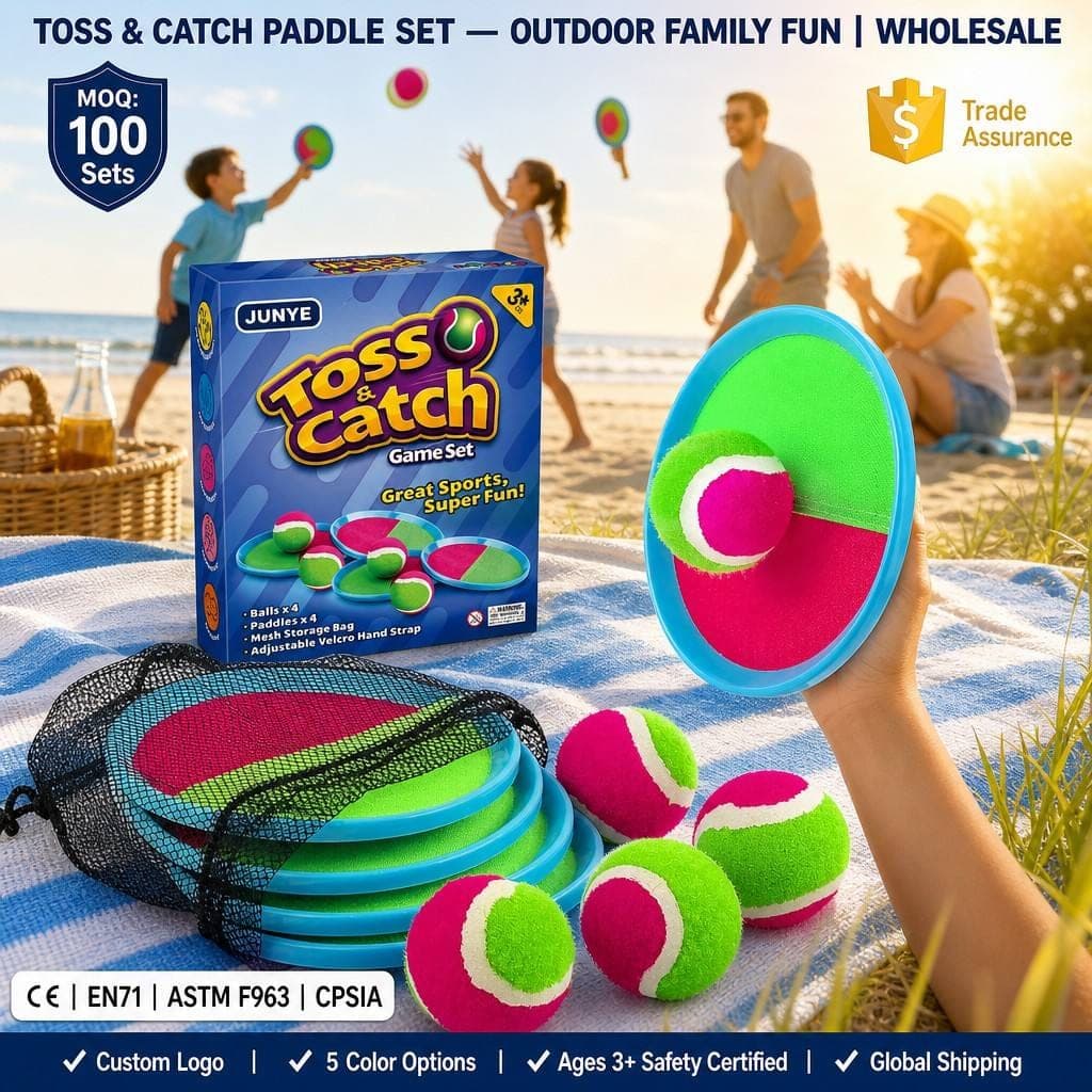 Outdoor toss and catch paddle game set with colourful paddles and soft balls