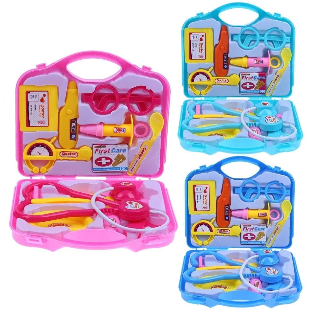 Pink and blue children's doctor play sets with toy medical tools packed in carry cases