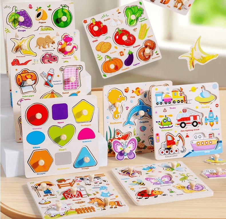 Assorted children's wooden puzzles with animals, vehicles, fruits, shapes and matching activities