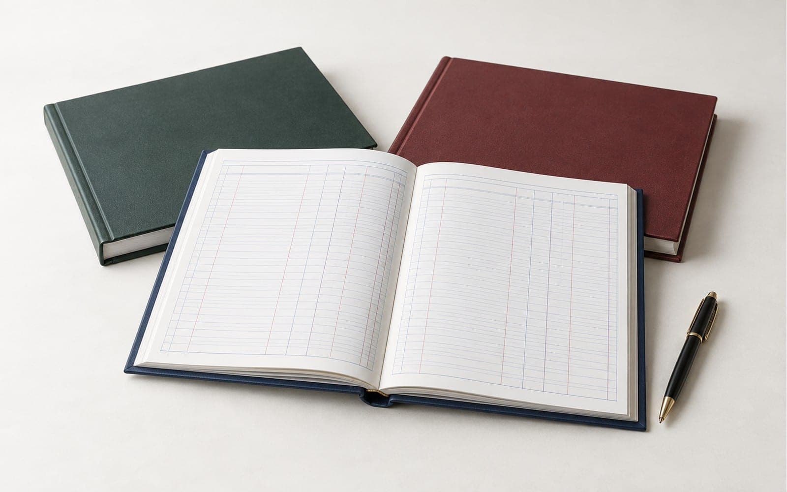 AI-generated example of accounting registers with ruled ledger pages and a pen.