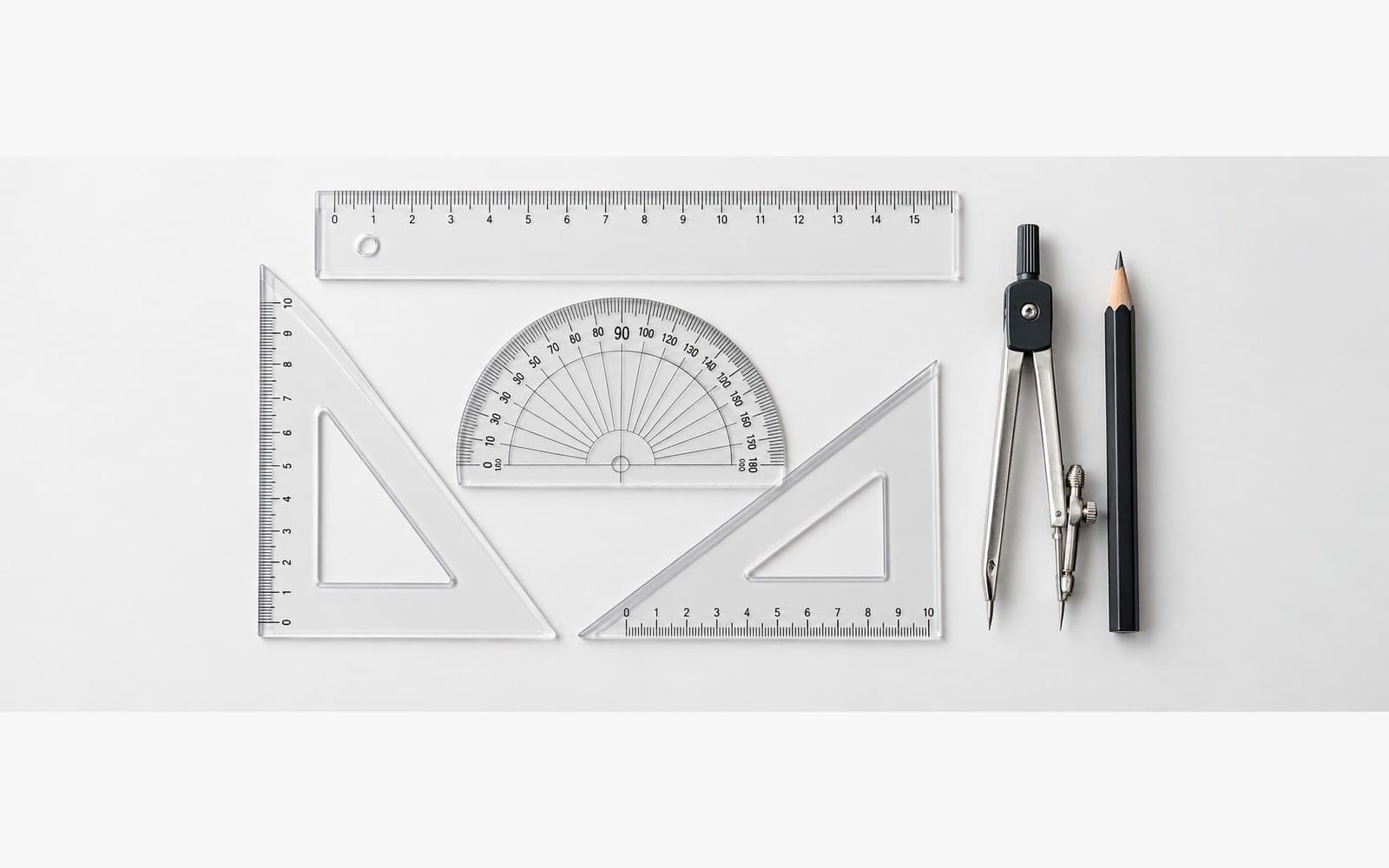 AI-generated example of a ruler, set squares, protractor, compass and pencil.