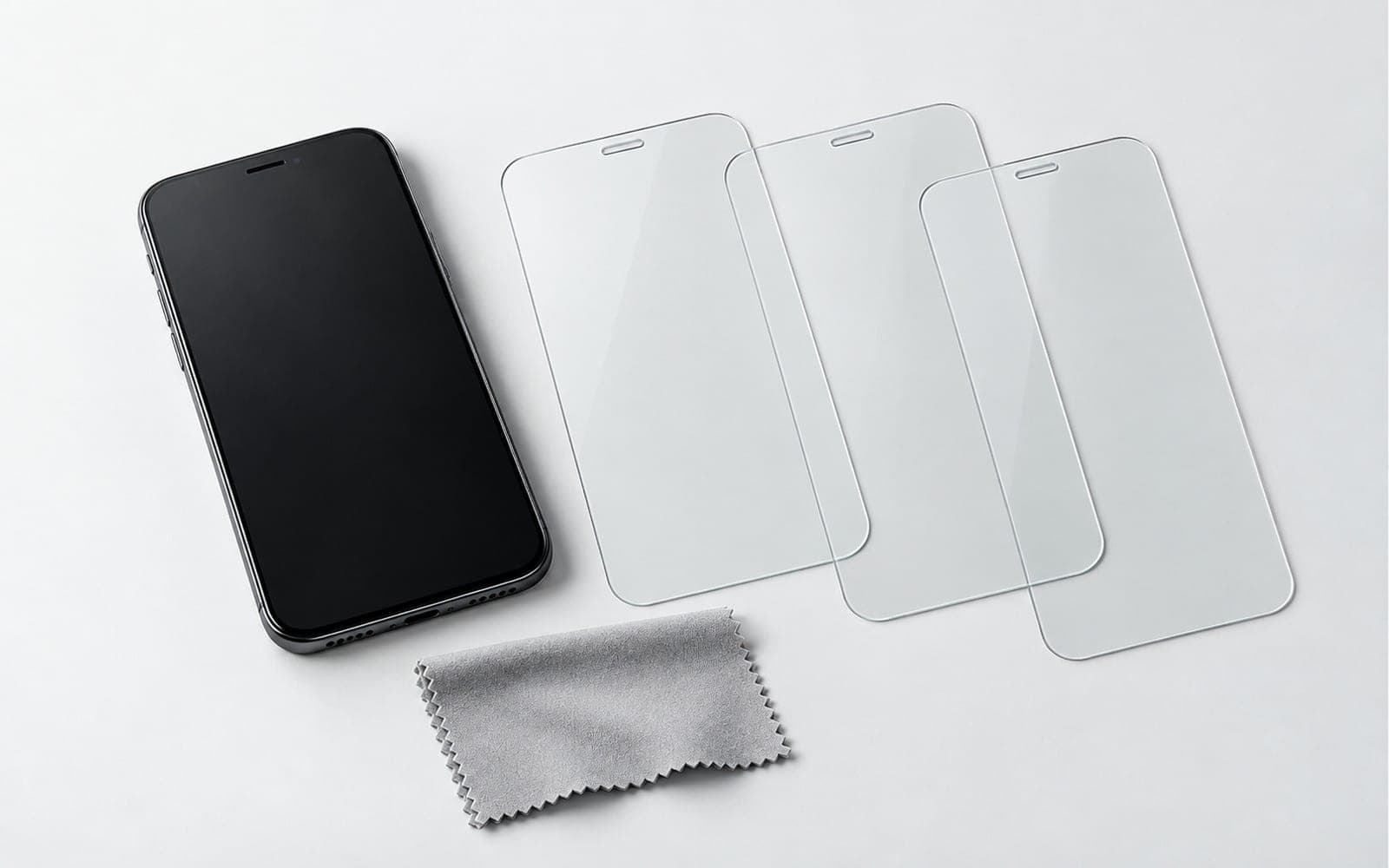 AI-generated example of tempered-glass screen protectors beside a smartphone and cleaning cloth.