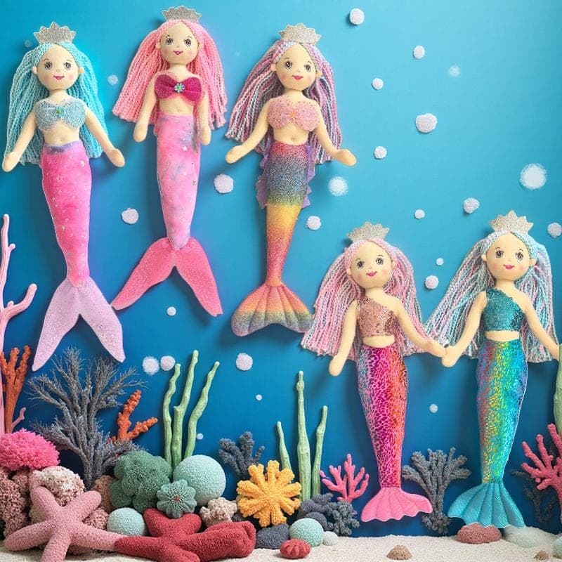 Mermaid dolls with colourful tails and underwater-themed designs