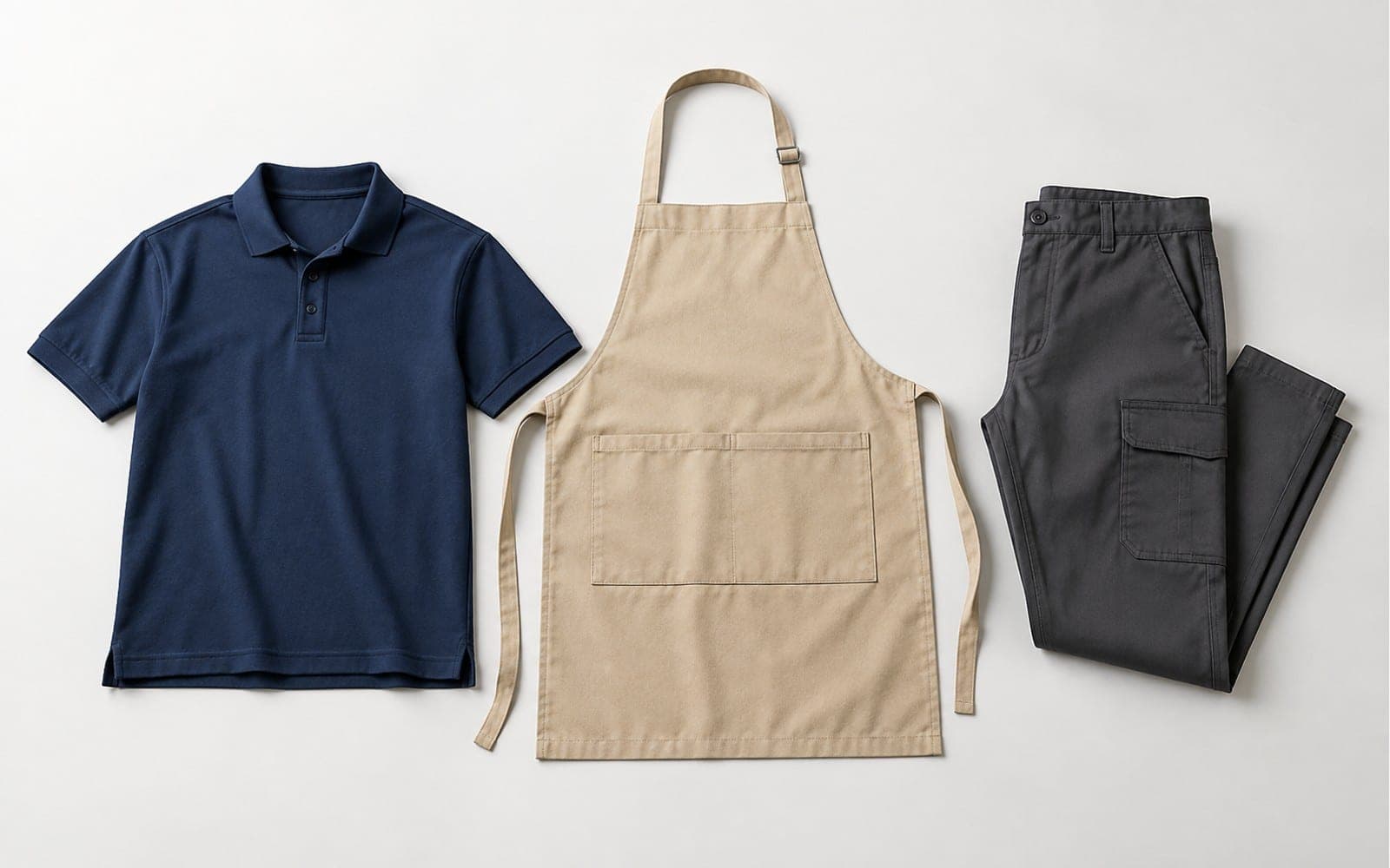 AI-generated example of a polo work shirt, bib apron and work trousers.