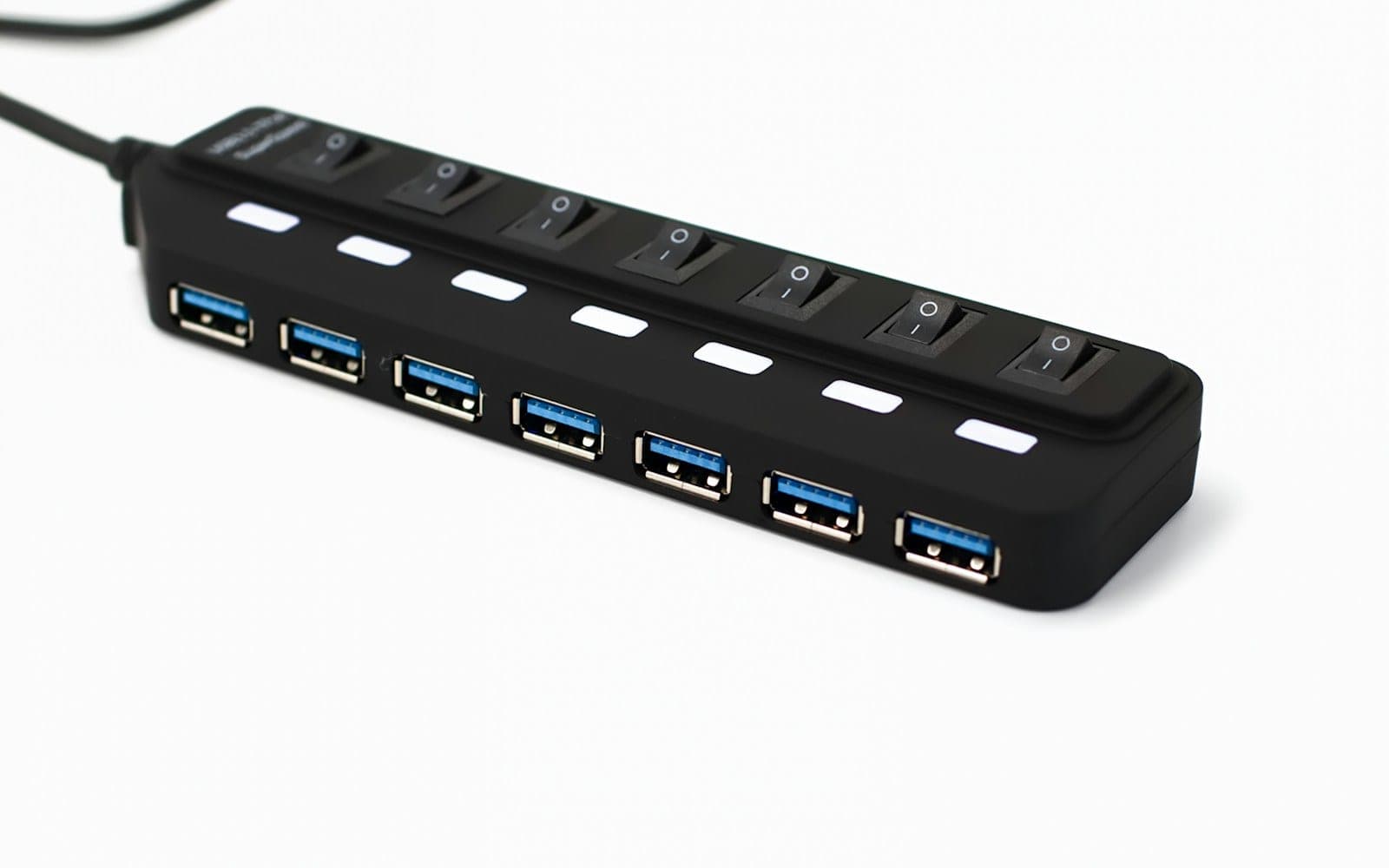 Black usb hub with seven ports and switches
