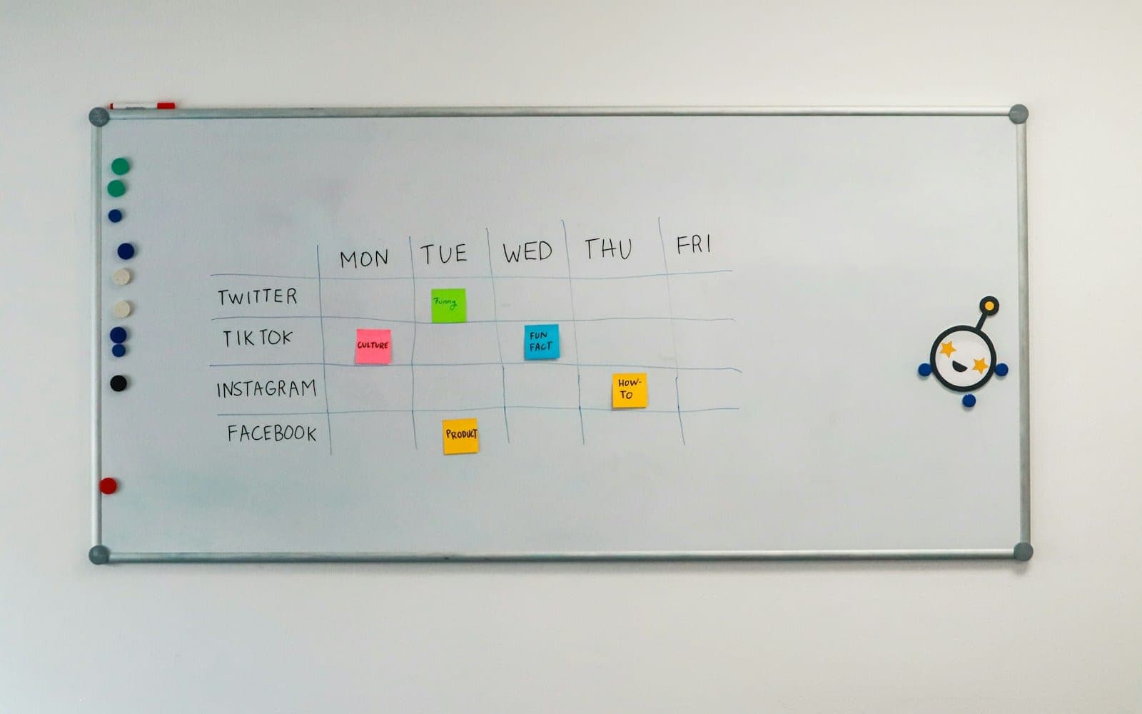 Wall-mounted whiteboard with a weekly grid, magnets and sticky notes.